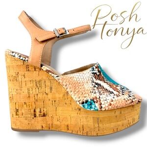 Charles David Dory Snakeskin Cork Wedge Sandals Size 8 Resort Chic